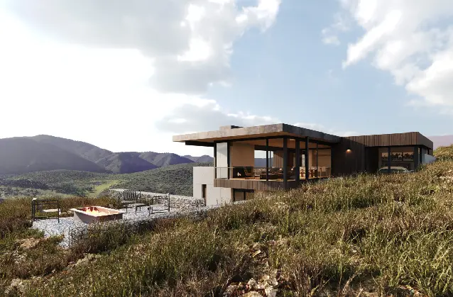 A 3D rendering of LRN, a custom home designed by Farmer Payne Architects.