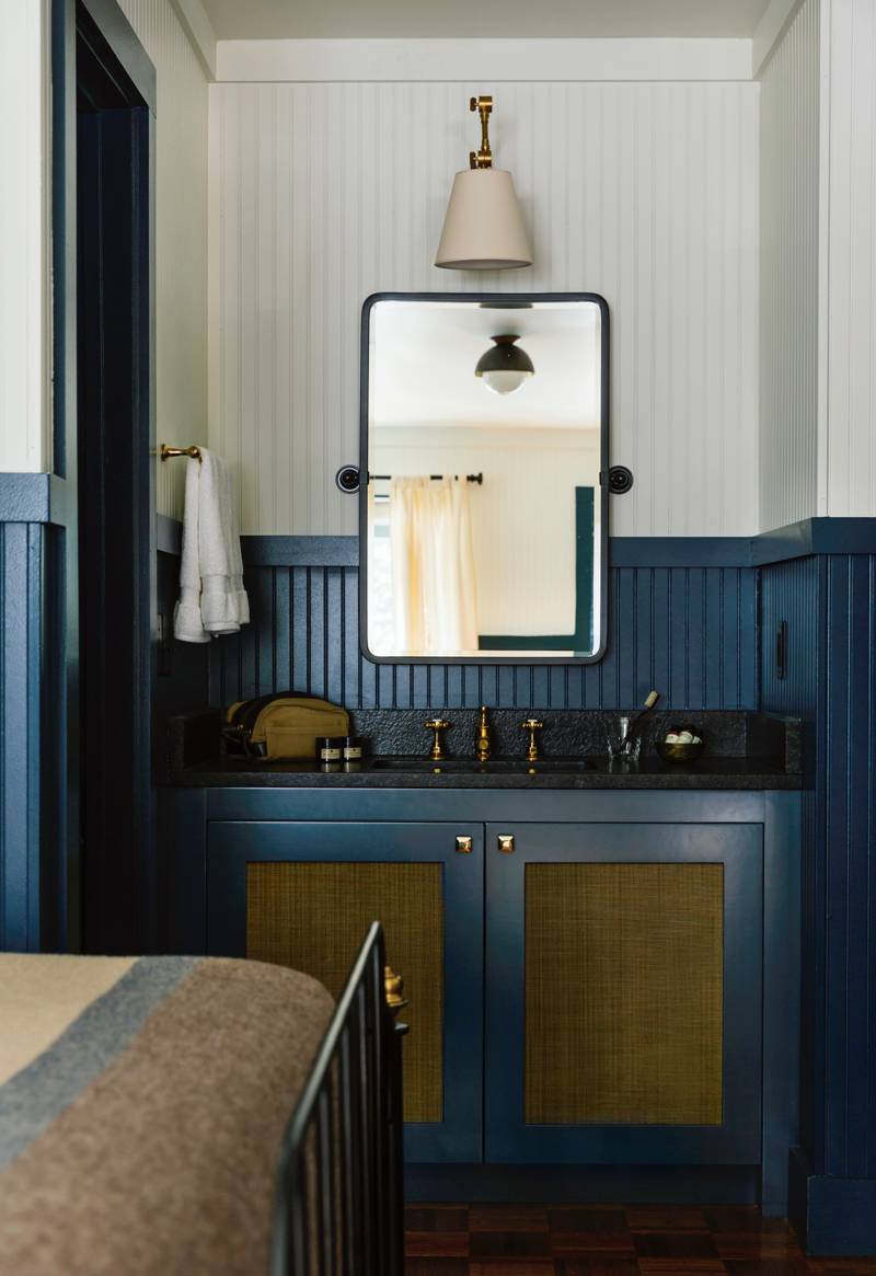 Interior view of a guest room vanity at the Anvil Hotel, a custom renovation project designed by Farmer Payne Architects.