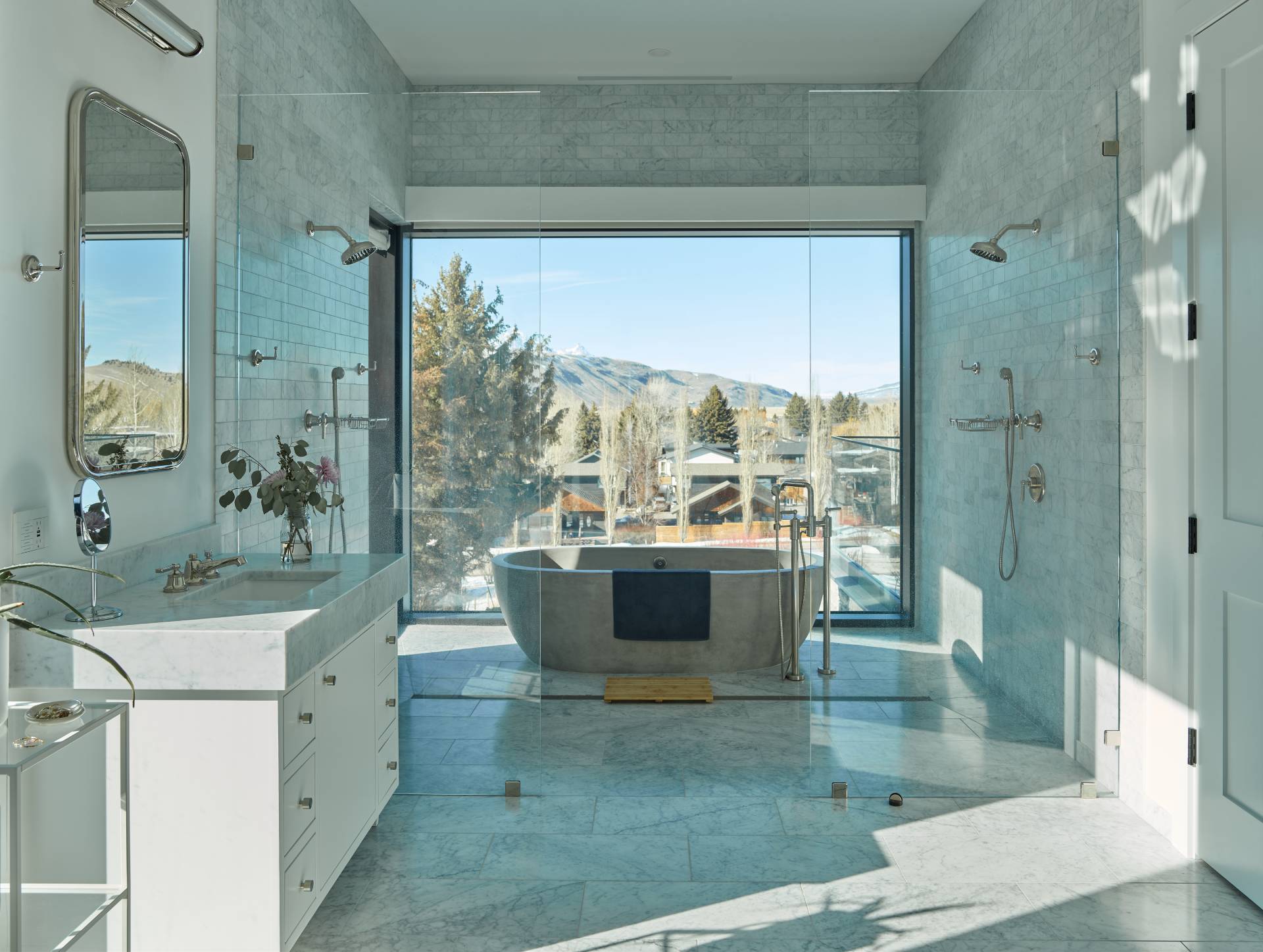 Interior view of the main bathroom at Cache Creek South, a custom home designed and built by Farmer Payne Architects.