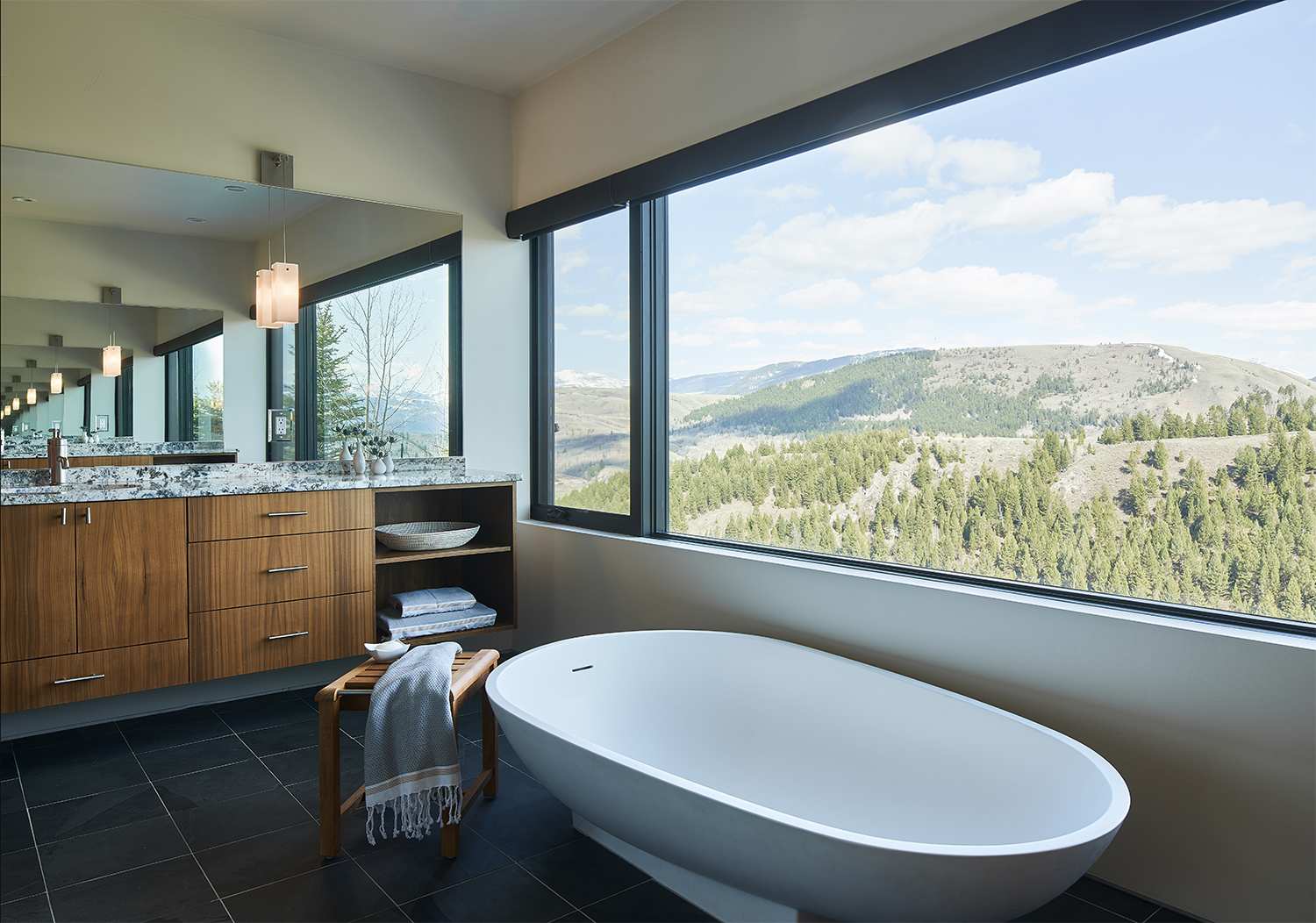 Interior view of the main bathroom at Gros Ventre West, a custom home designed and built by Farmer Payne Architects.