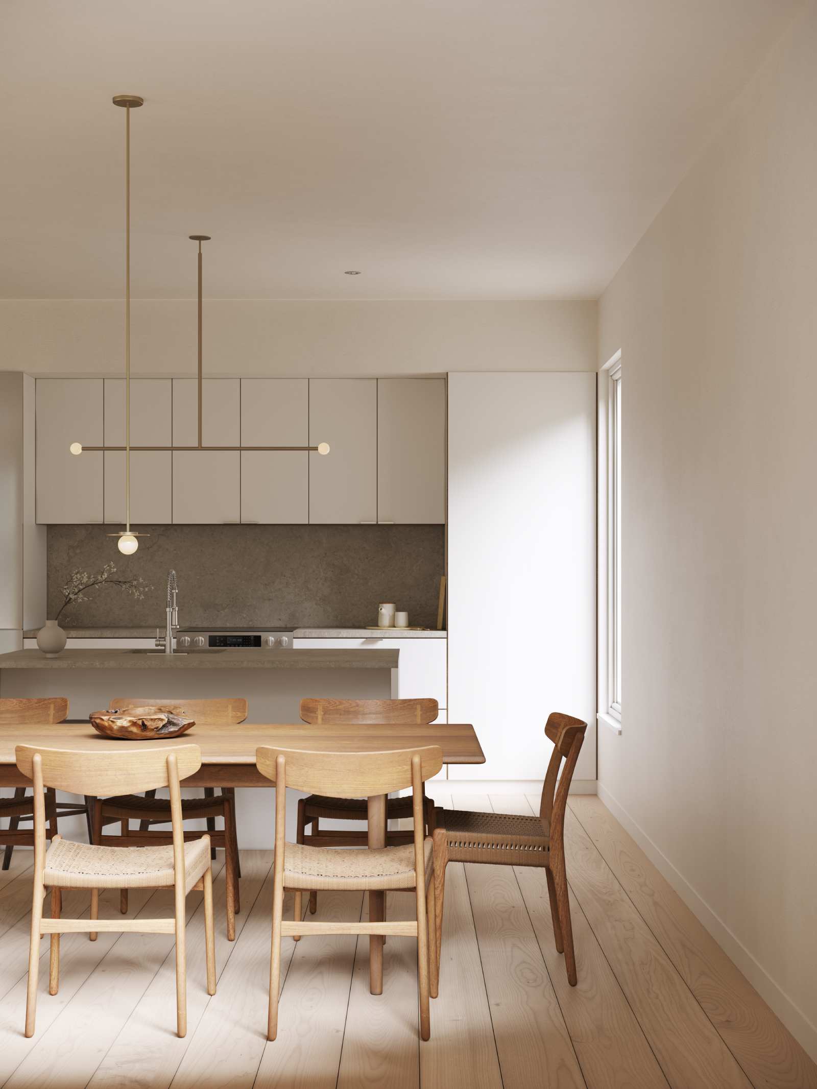 A 3D rendering of the open-plan dining room and kitchen at Kelly Condos, a custom residential property designed by Farmer Payne Architects.