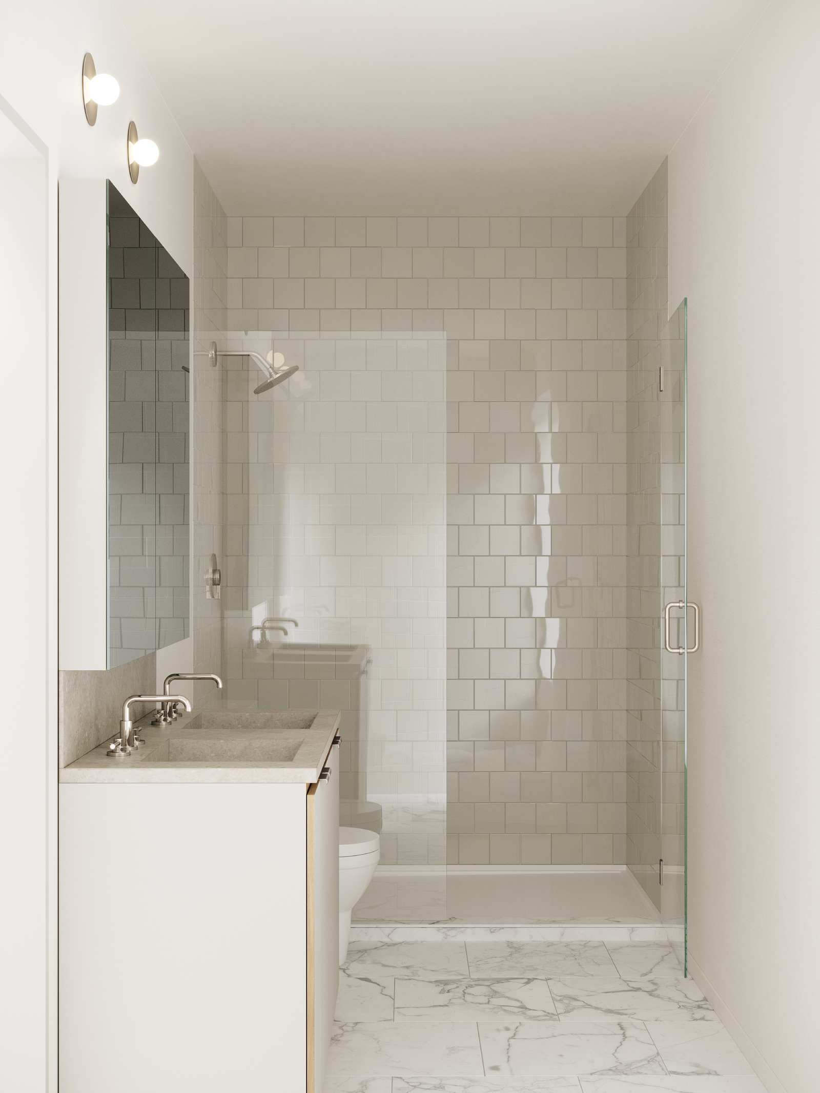 A 3D rendering of the main bathroom at Kelly Condos, a custom residential property designed by Farmer Payne Architects.