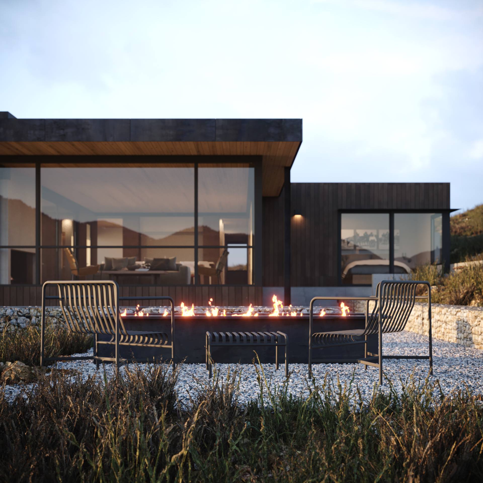 A 3D rendering of the firepit at LRN, a custom home designed by Farmer Payne Architects.