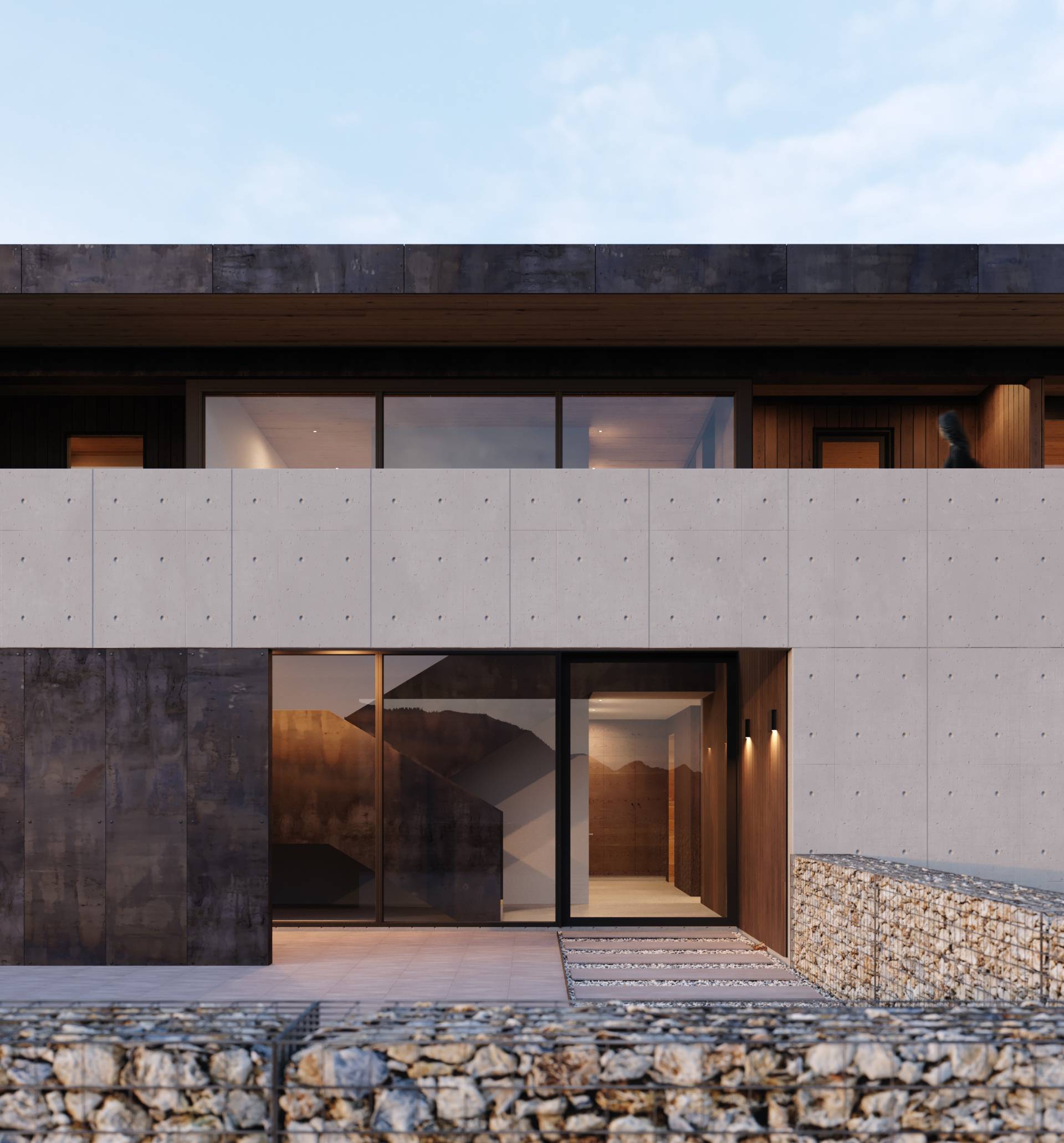 A 3D rendering of the facade at LRN, a custom home designed by Farmer Payne Architects.