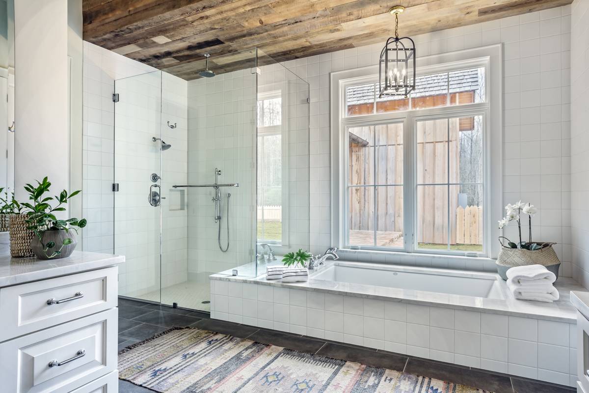 Interior view of the main bathroom at Louisiana Rustic, a custom home designed and built by Farmer Payne Architects.