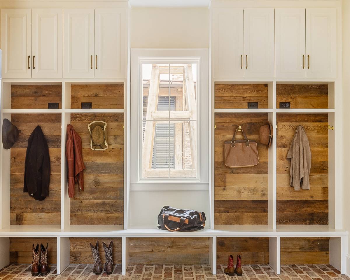 Interior view of the mudroom at Louisiana Rustic, a custom home designed and built by Farmer Payne Architects.