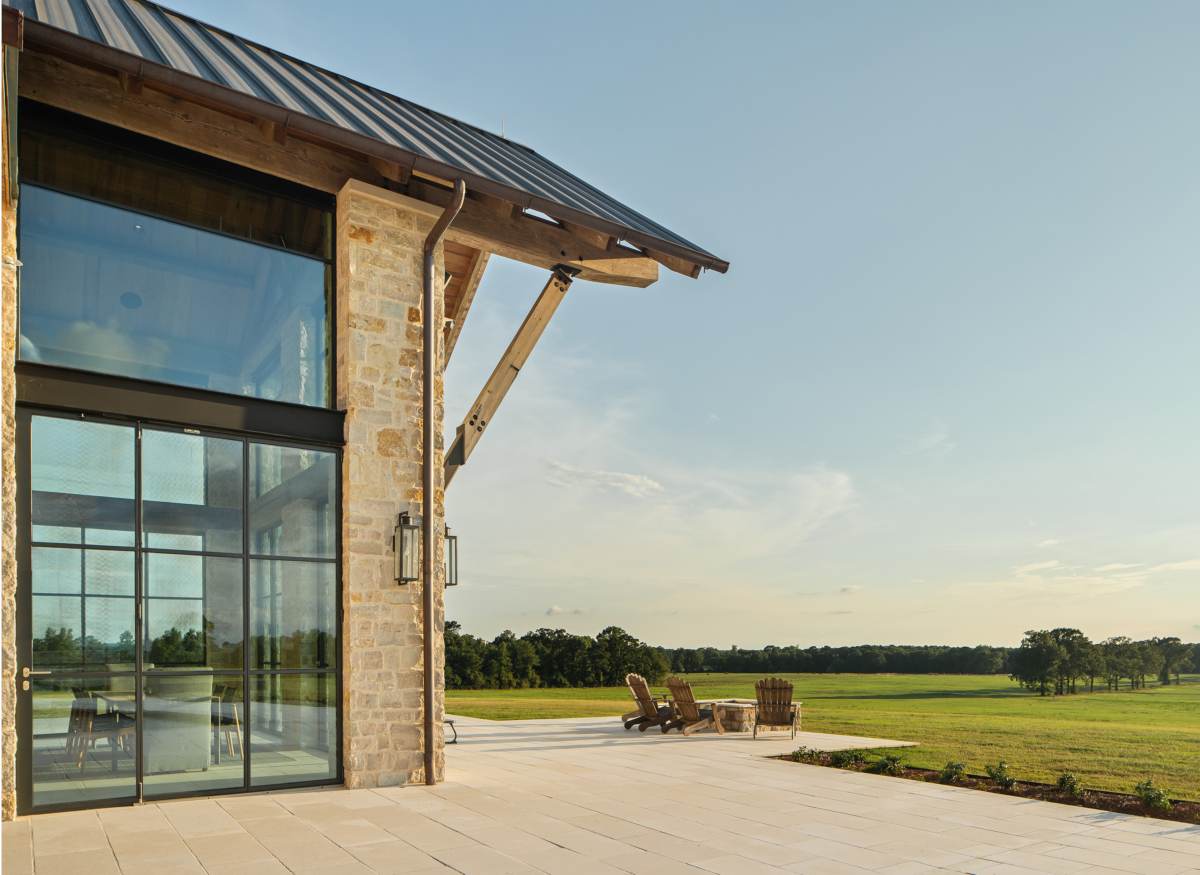 Exterior view of the back eaves at Texas Ranch, a custom home designed and built by Farmer Payne Architects.