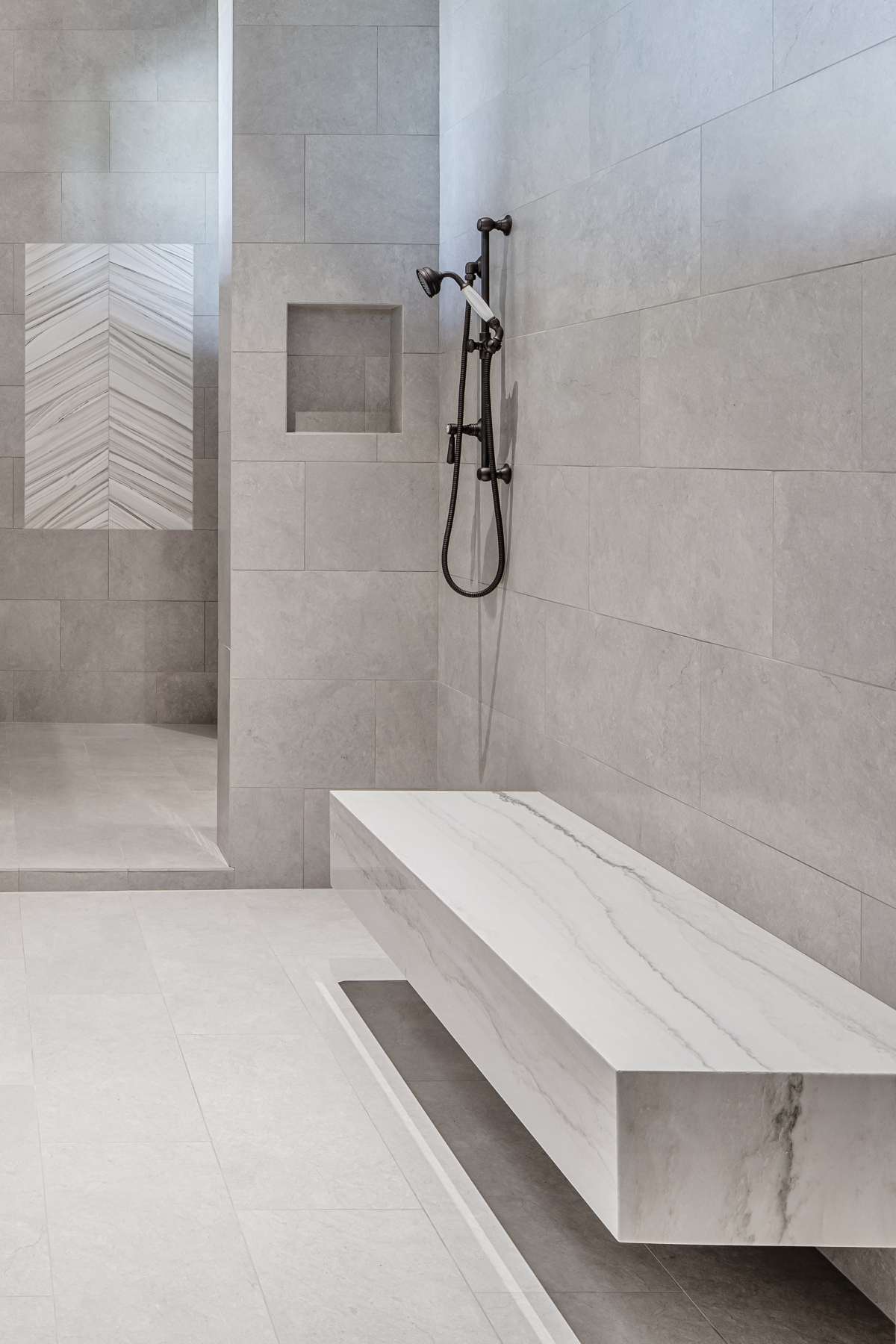 Interior view of the main bathroom shower at Texas Ranch, a custom home designed and built by Farmer Payne Architects.