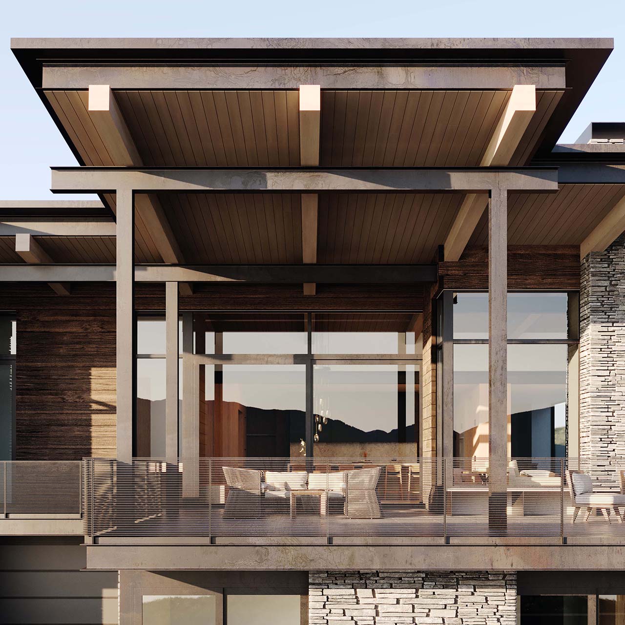 A 3D rendering of the back deck at White Clouds, a custom home designed by Farmer Payne Architects.