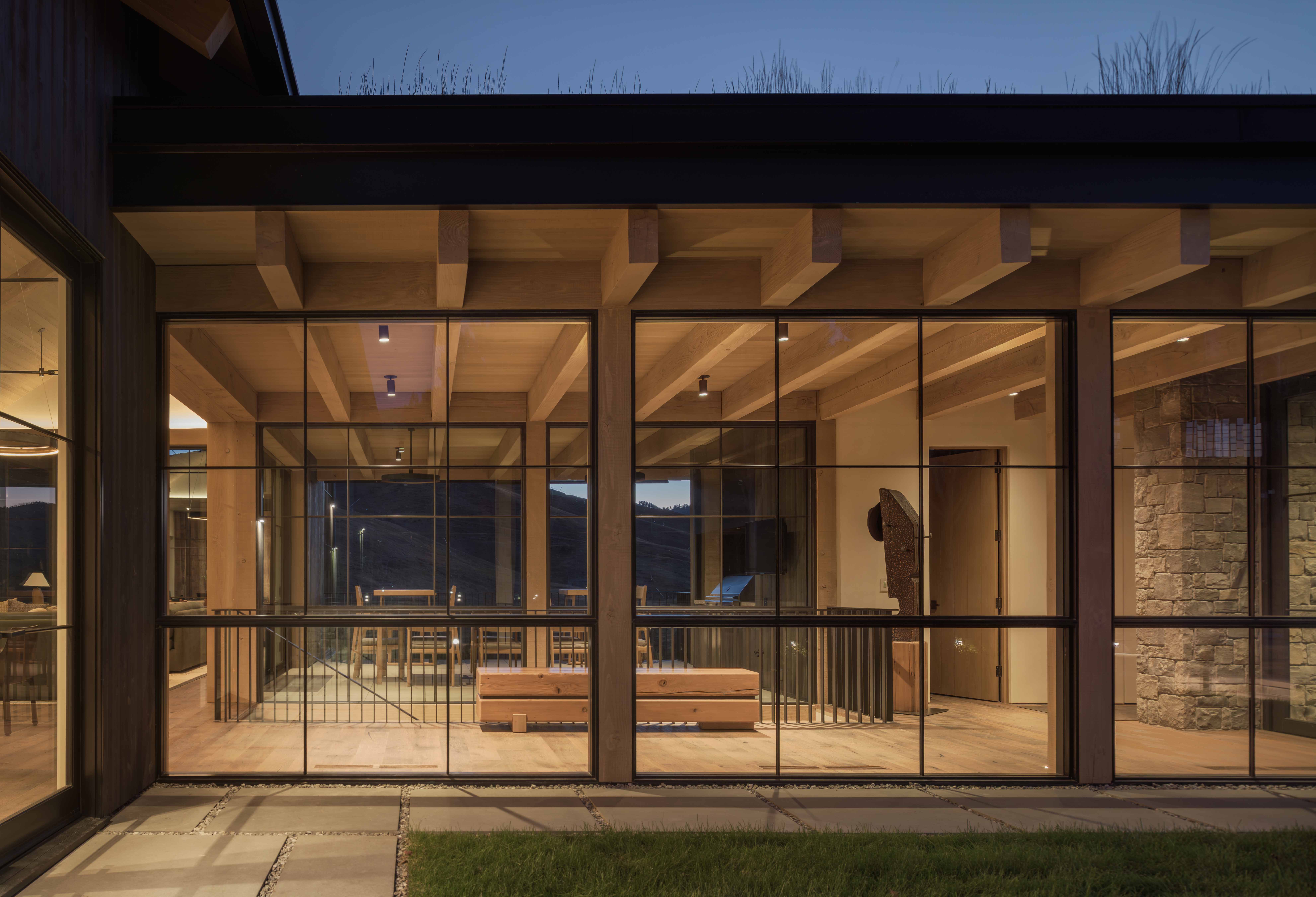contemporary mountain home, looking into entry hallway from the sunken courtyard